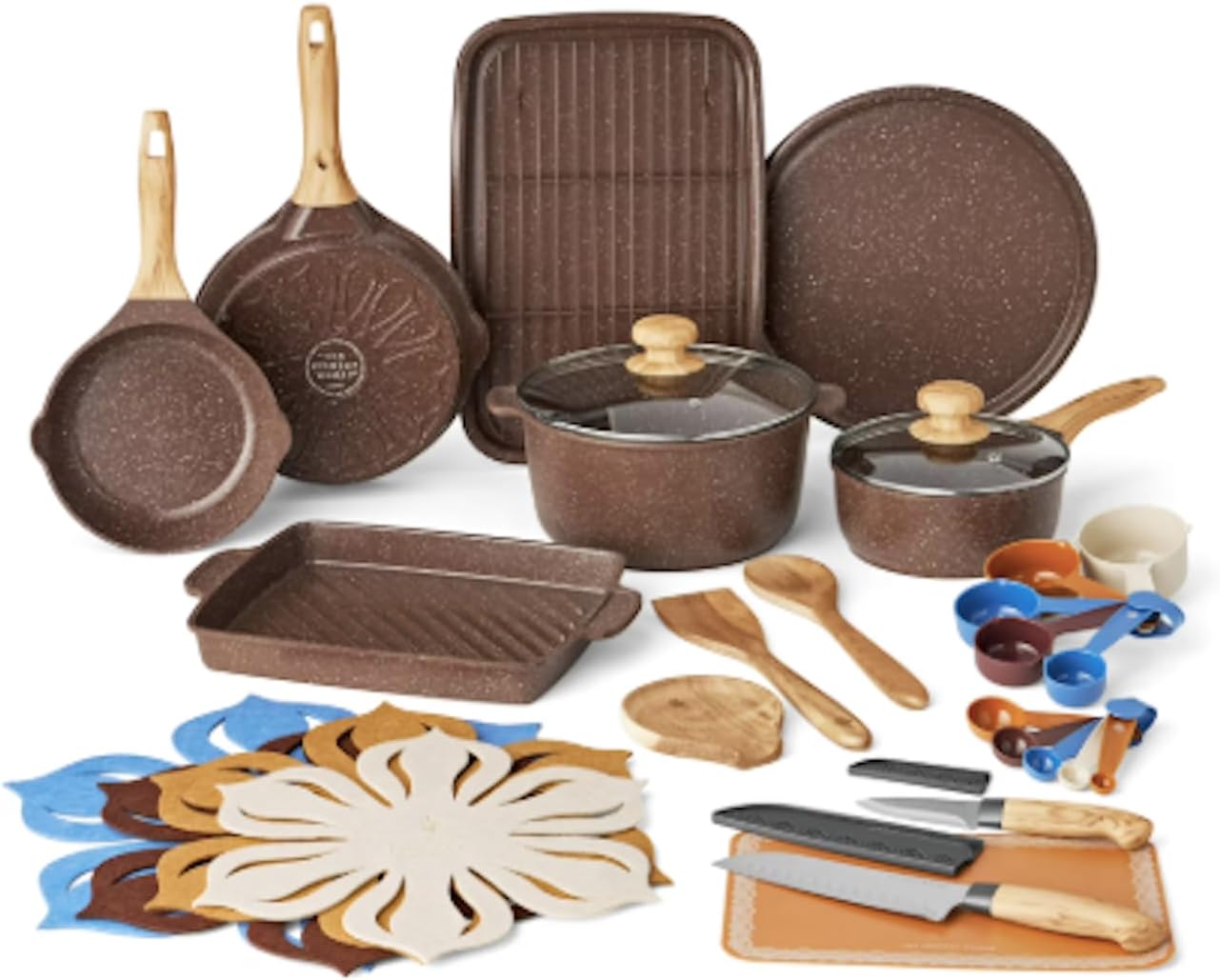 32-Piece Ceramic Nonstick Cookware Set with Utensils & Bakeware - Brown