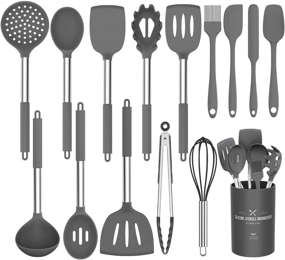 15-Piece Silicone Kitchen Utensils Set — Non-Stick, Black - Gray