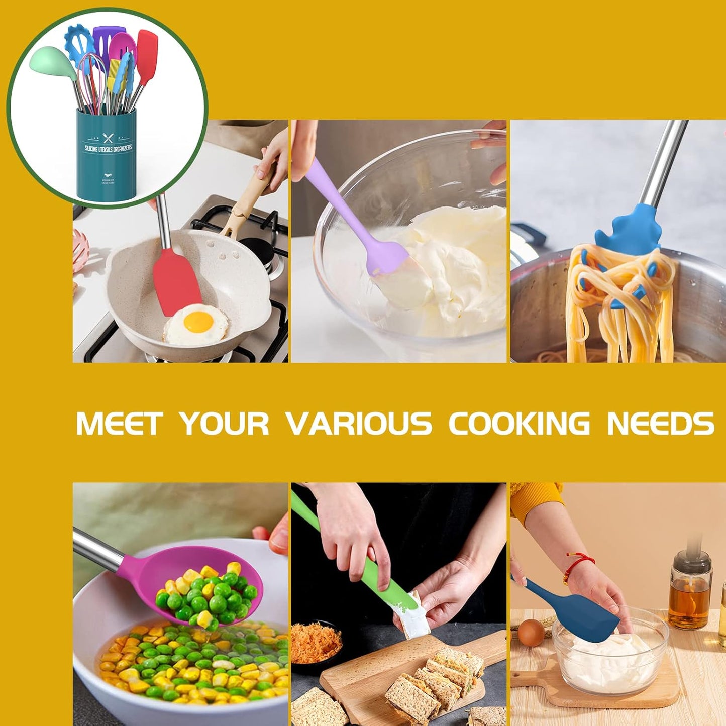 15-Piece Silicone Kitchen Utensils Set — Non-Stick, Black - Colorful - Image 12