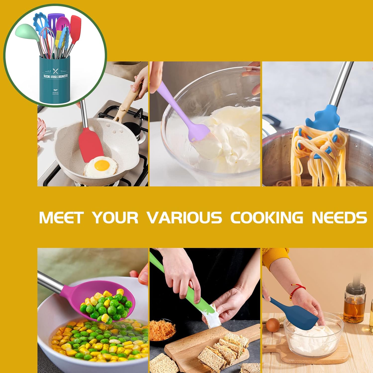 15-Piece Silicone Kitchen Utensils Set — Non-Stick, Black - Colorful - Image 12