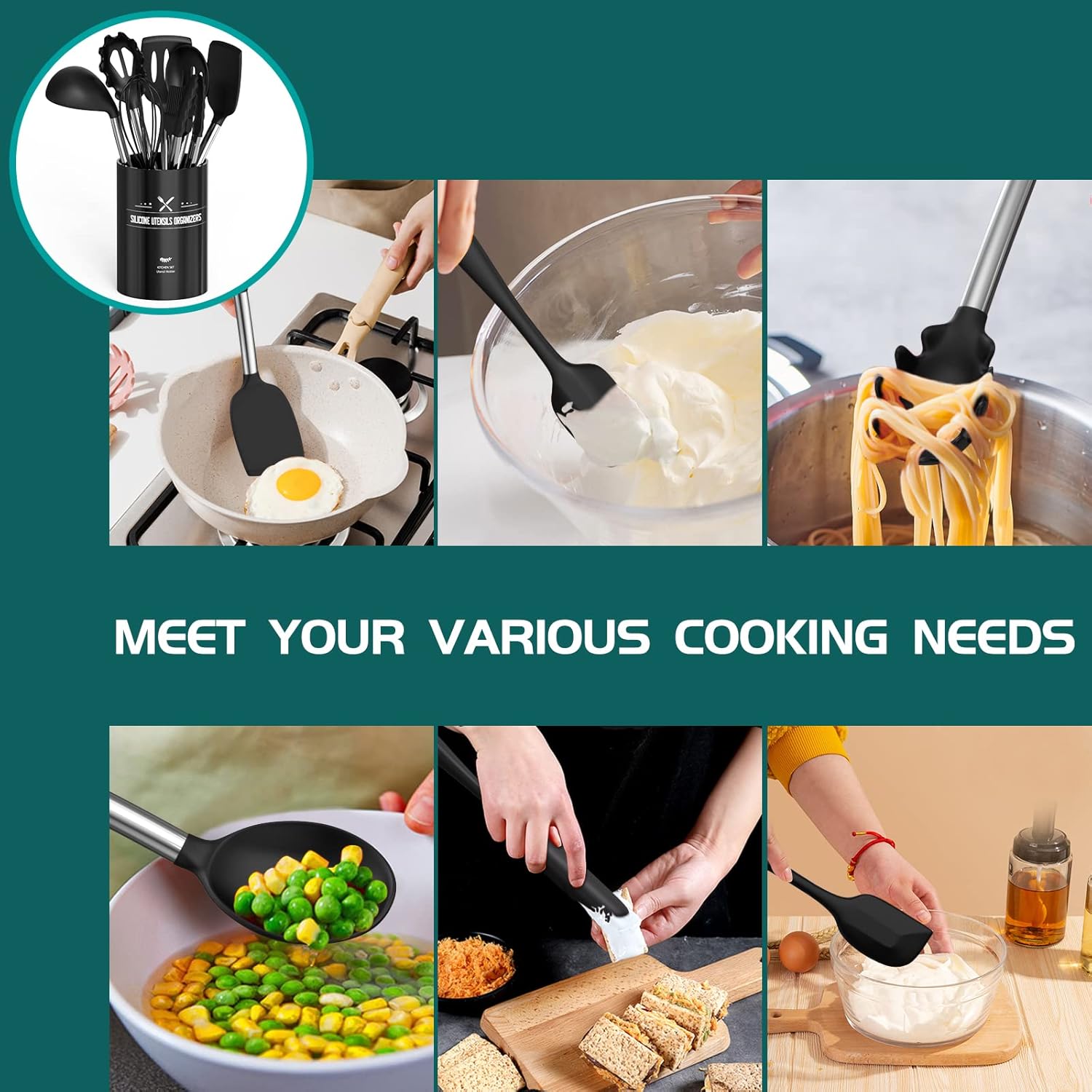15-Piece Silicone Kitchen Utensils Set — Non-Stick, Black - Black - Image 6