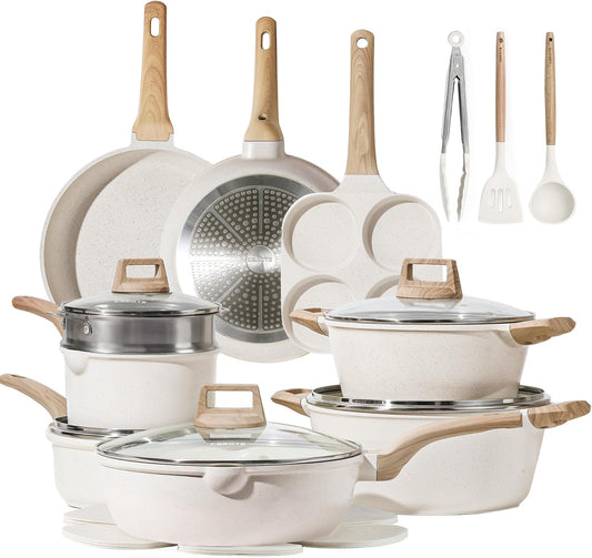 Nonstick Pots & Pans 21-Piece Set — White Granite, Induction Ready