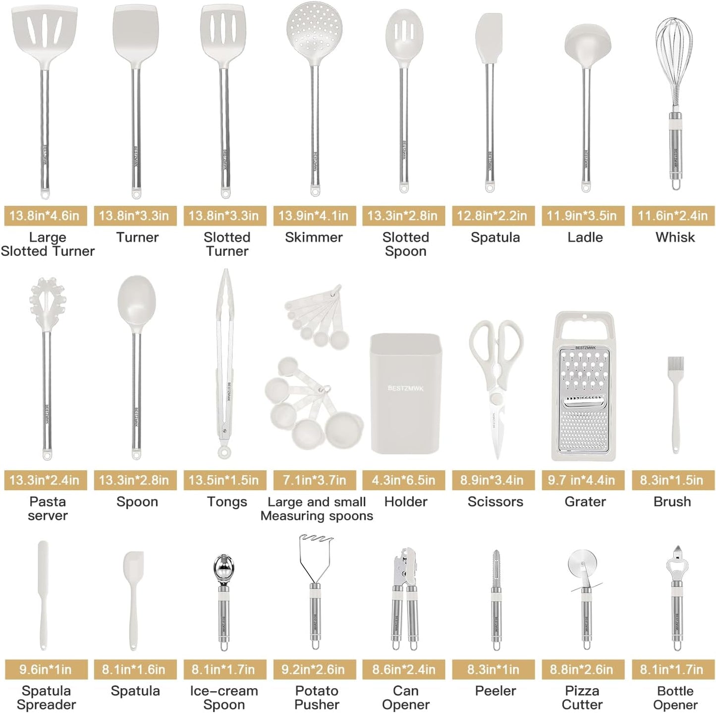 33-Piece Silicone Kitchen Utensils Set — Stainless Steel Handles - Cream White - Image 14