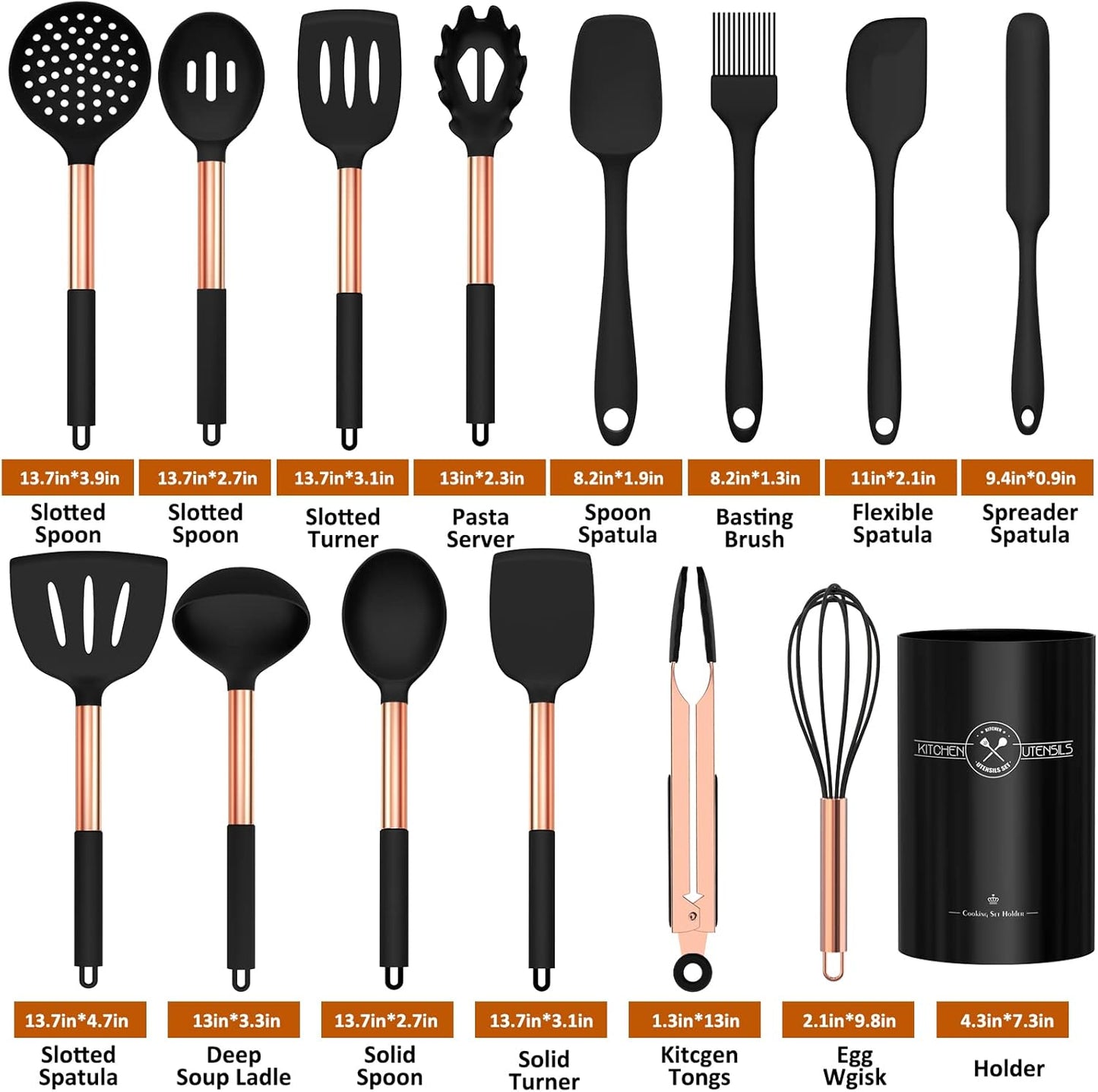 15-Piece Silicone Kitchen Utensils Set — Non-Stick, Black - Rose Gold - Image 23