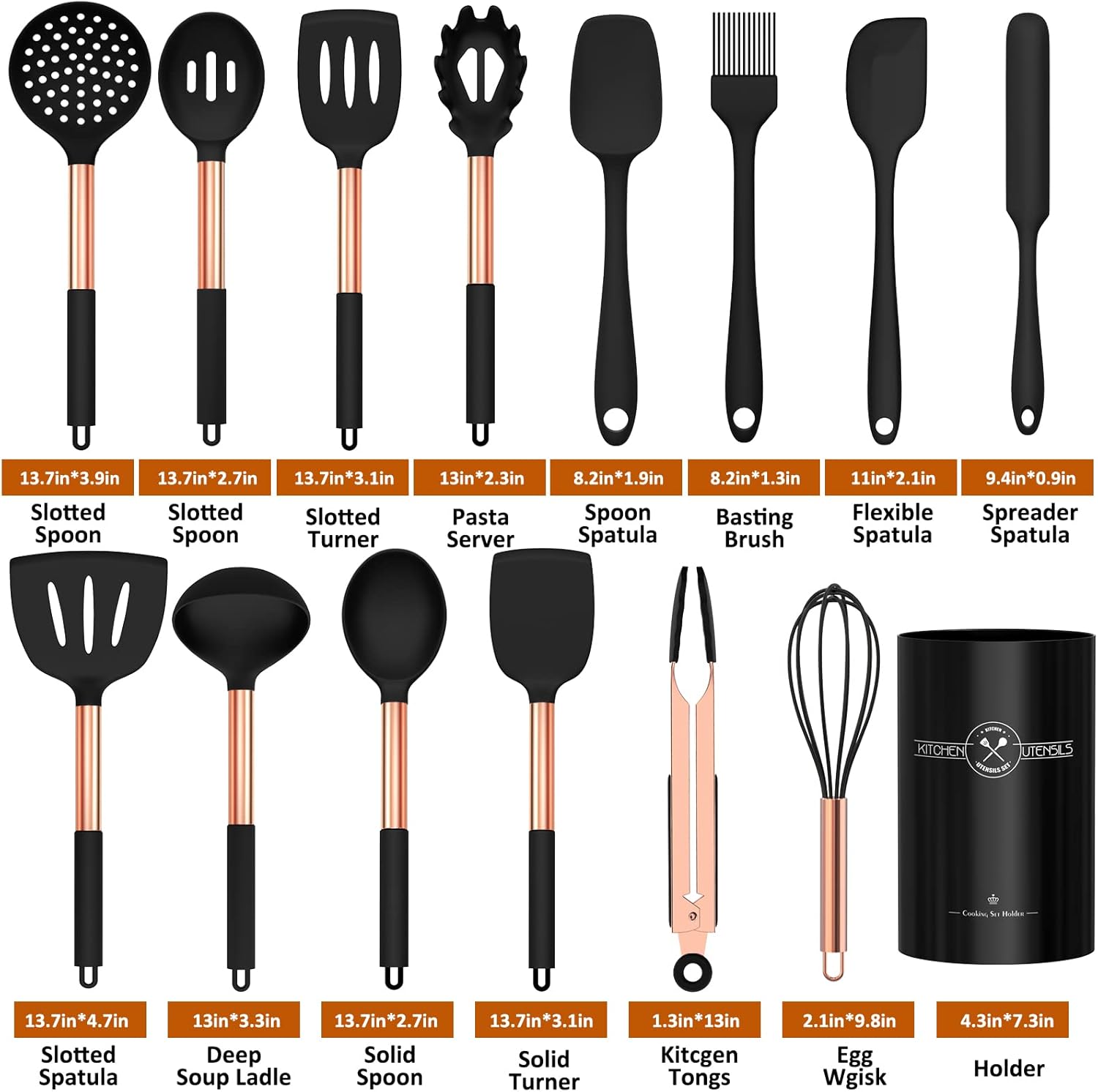 15-Piece Silicone Kitchen Utensils Set — Non-Stick, Black - Rose Gold - Image 23