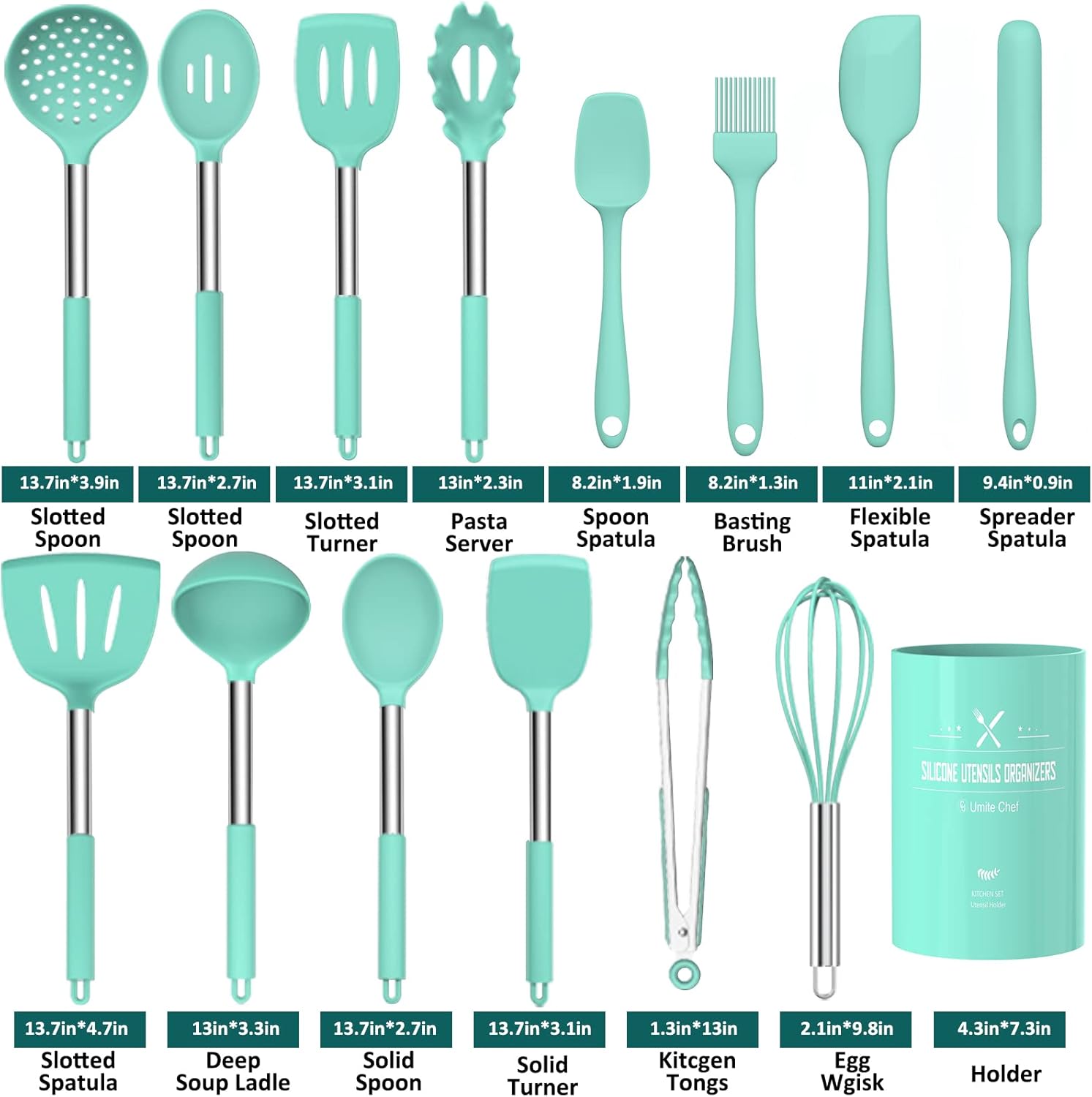 15-Piece Silicone Kitchen Utensils Set — Non-Stick, Black - Green - Image 17