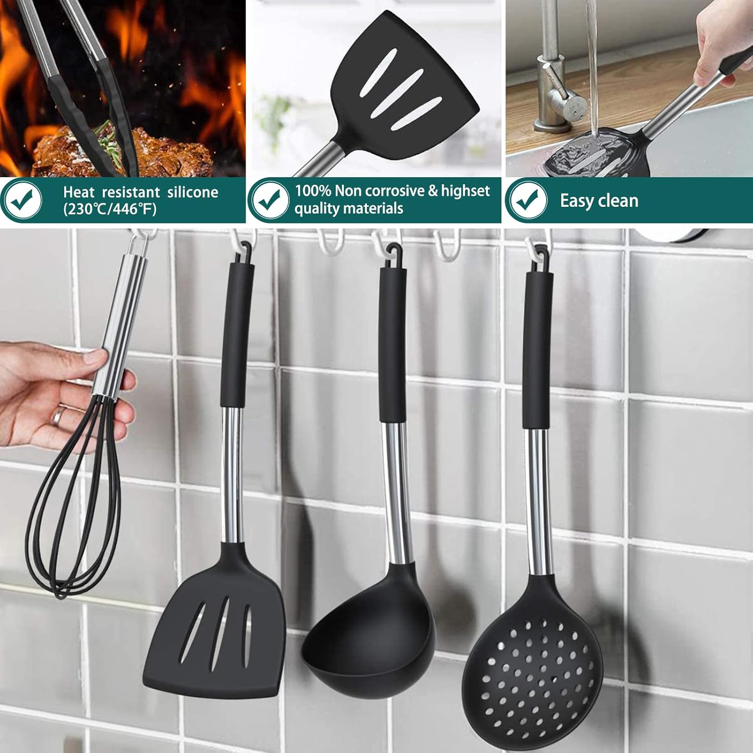 15-Piece Silicone Kitchen Utensils Set — Non-Stick, Black - Black - Image 5