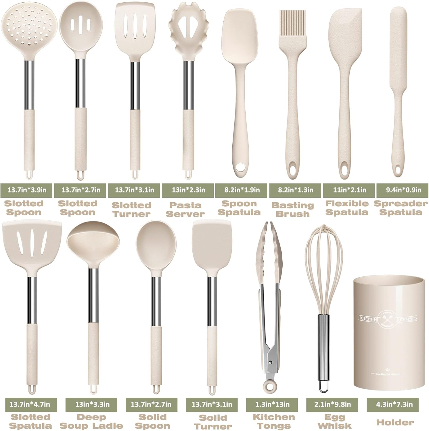 15-Piece Silicone Kitchen Utensils Set — Non-Stick, Black - Khaki - Image 8