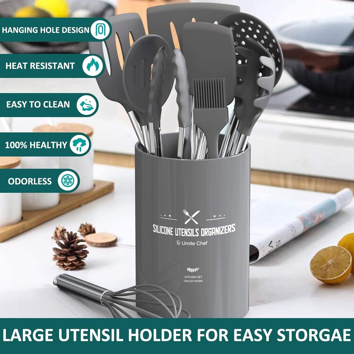 15-Piece Silicone Kitchen Utensils Set — Non-Stick, Black - Gray - Image 26
