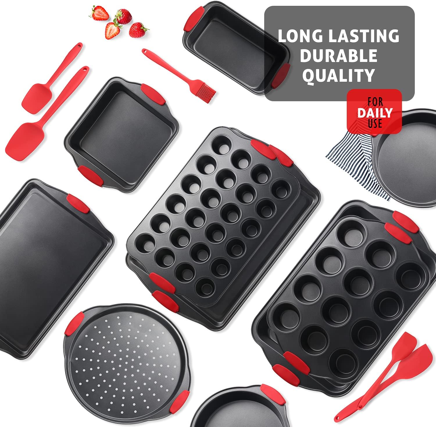 15-Piece Premium Nonstick Bakeware Set — BPA Free, Silicone Handles - Black - Image 6