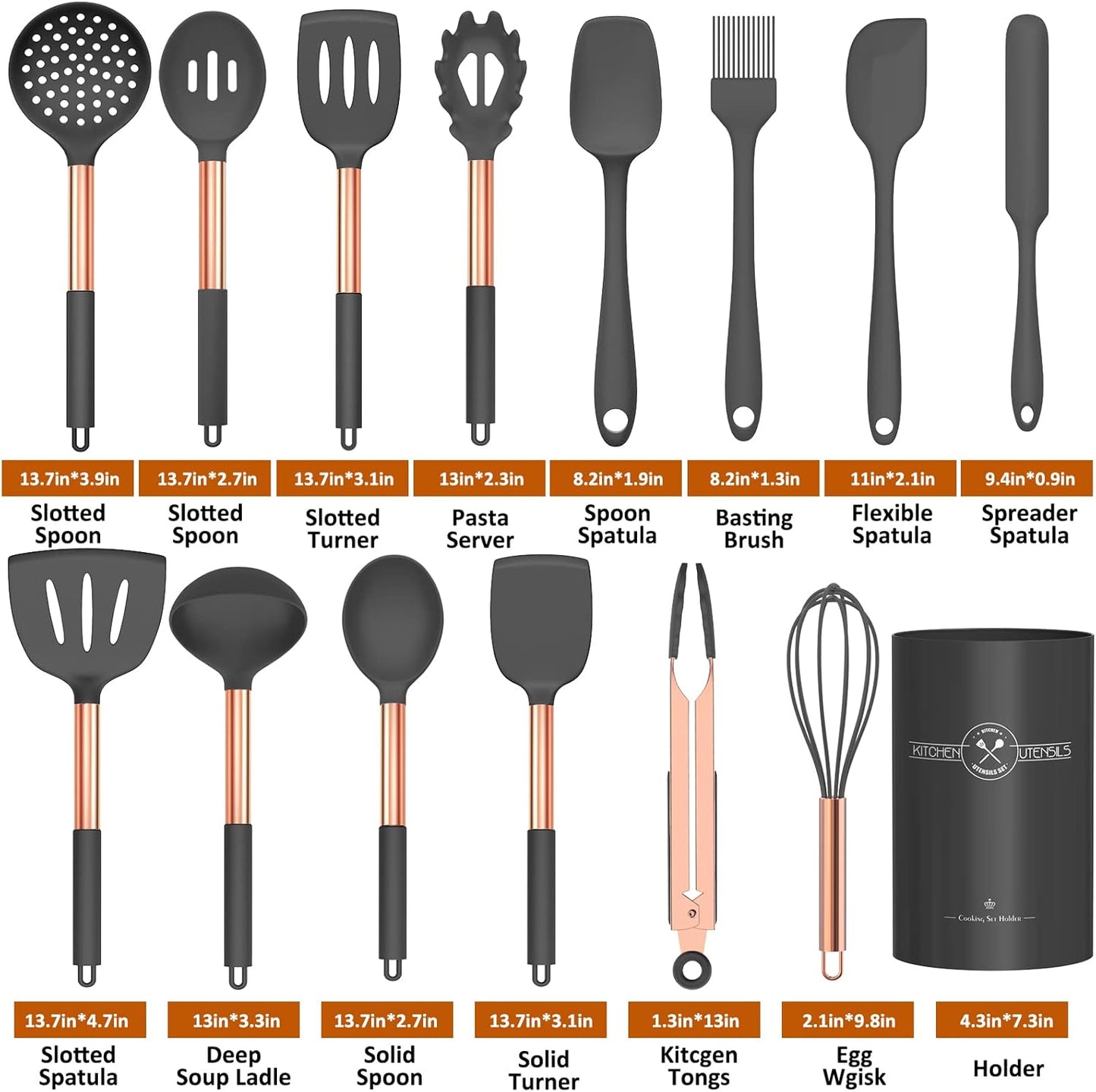 15-Piece Silicone Kitchen Utensils Set — Non-Stick, Black - Pink Gold - Image 20