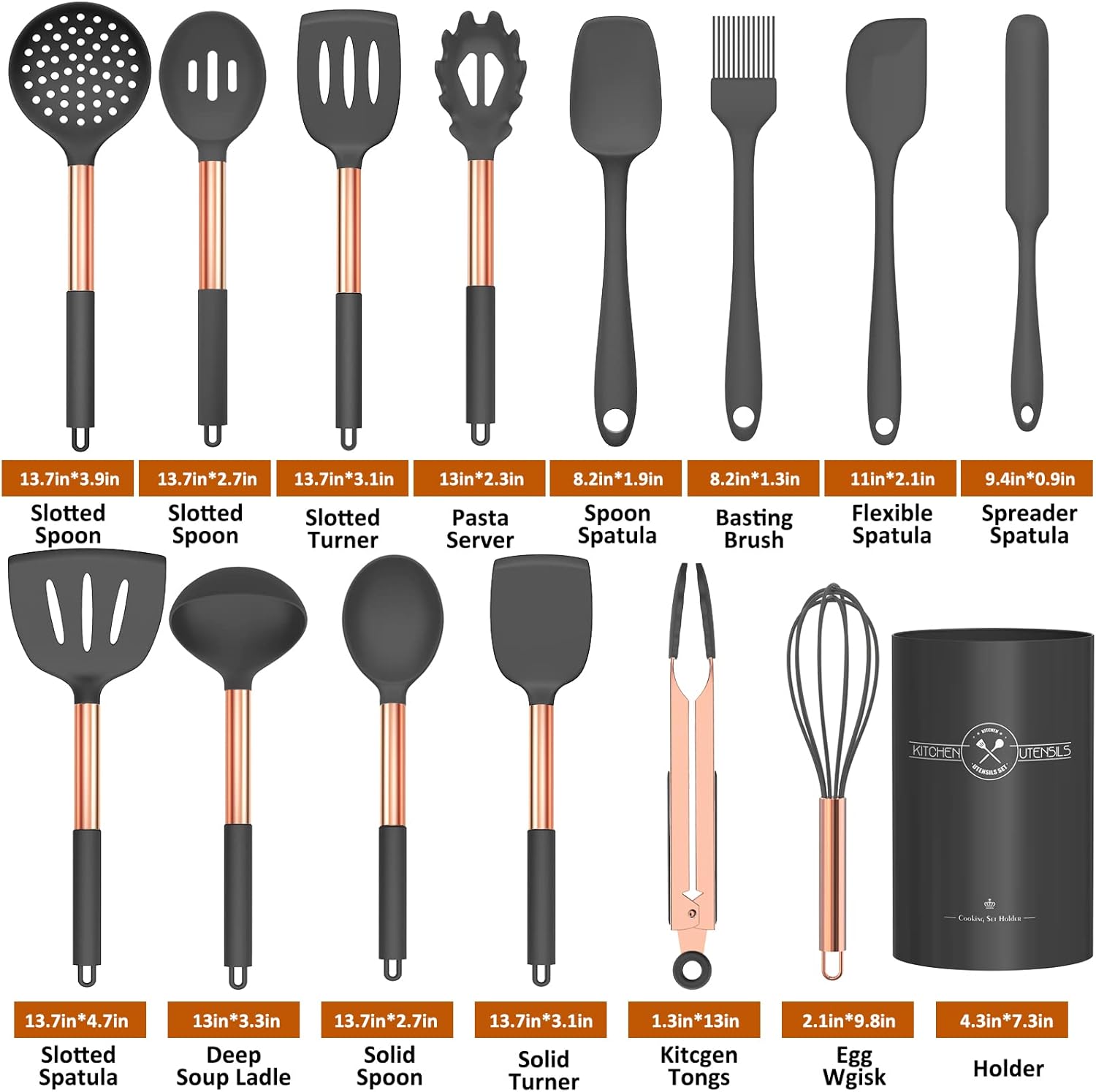 15-Piece Silicone Kitchen Utensils Set — Non-Stick, Black - Pink Gold - Image 20