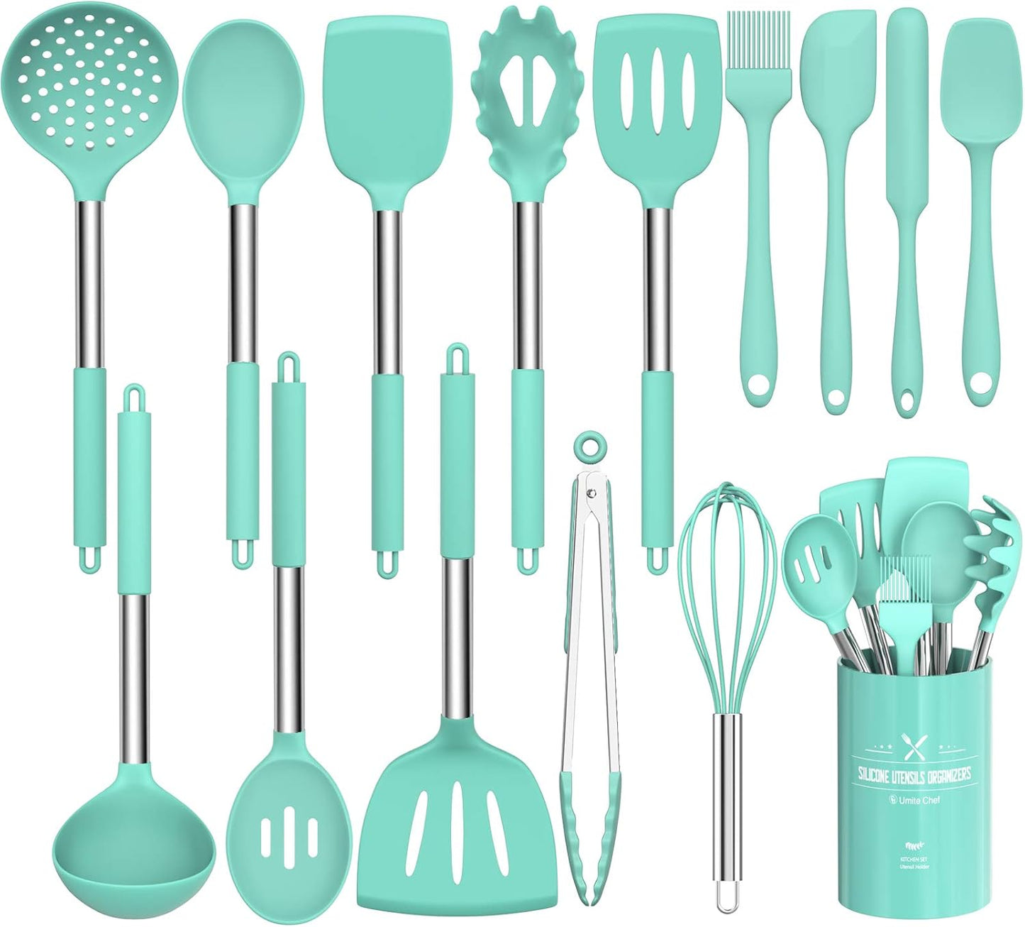 15-Piece Silicone Kitchen Utensils Set — Non-Stick, Black - Green