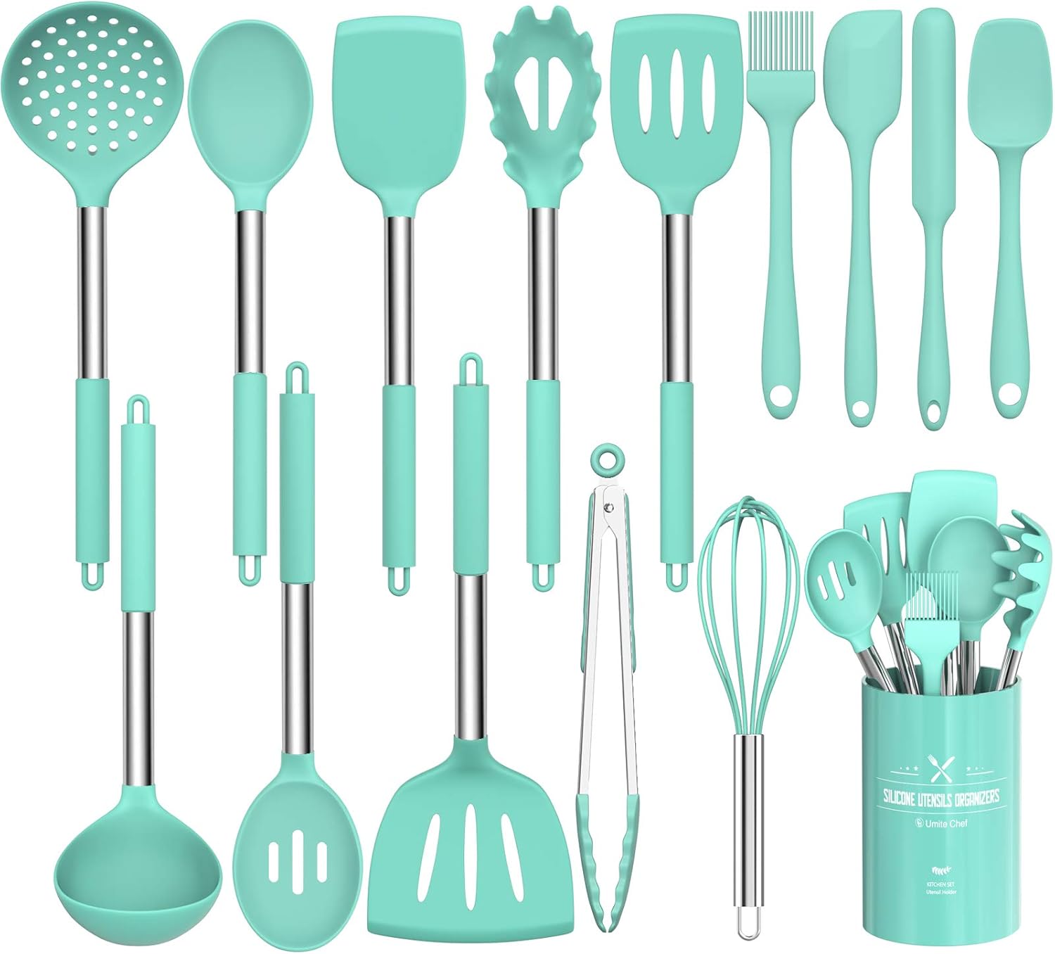 15-Piece Silicone Kitchen Utensils Set — Non-Stick, Black - Green