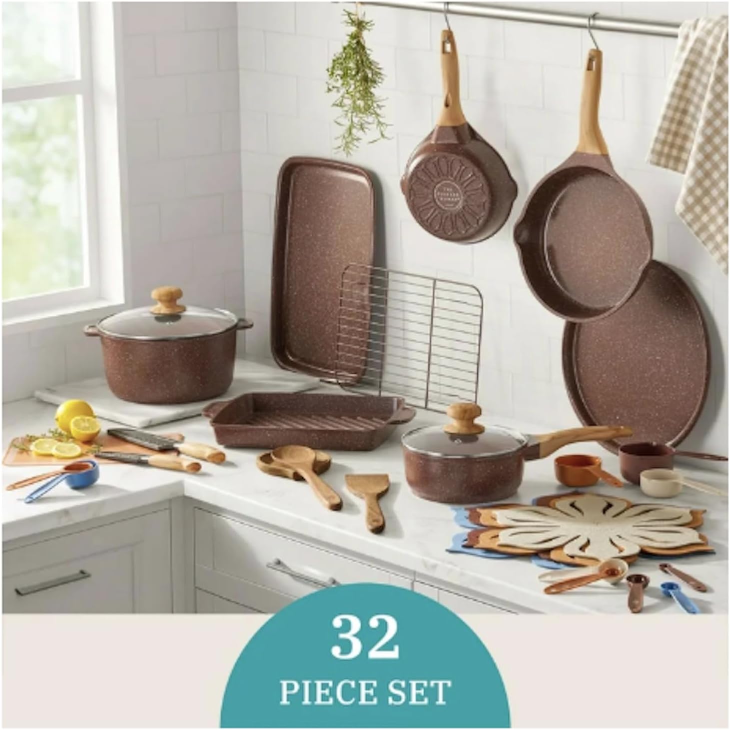 32-Piece Ceramic Nonstick Cookware Set with Utensils & Bakeware - Brown - Image 8