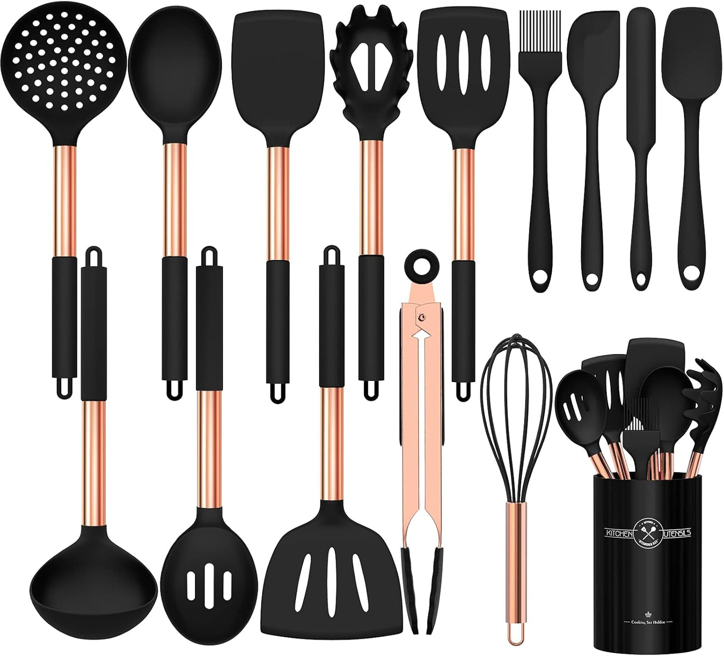15-Piece Silicone Kitchen Utensils Set — Non-Stick, Black - Rose Gold