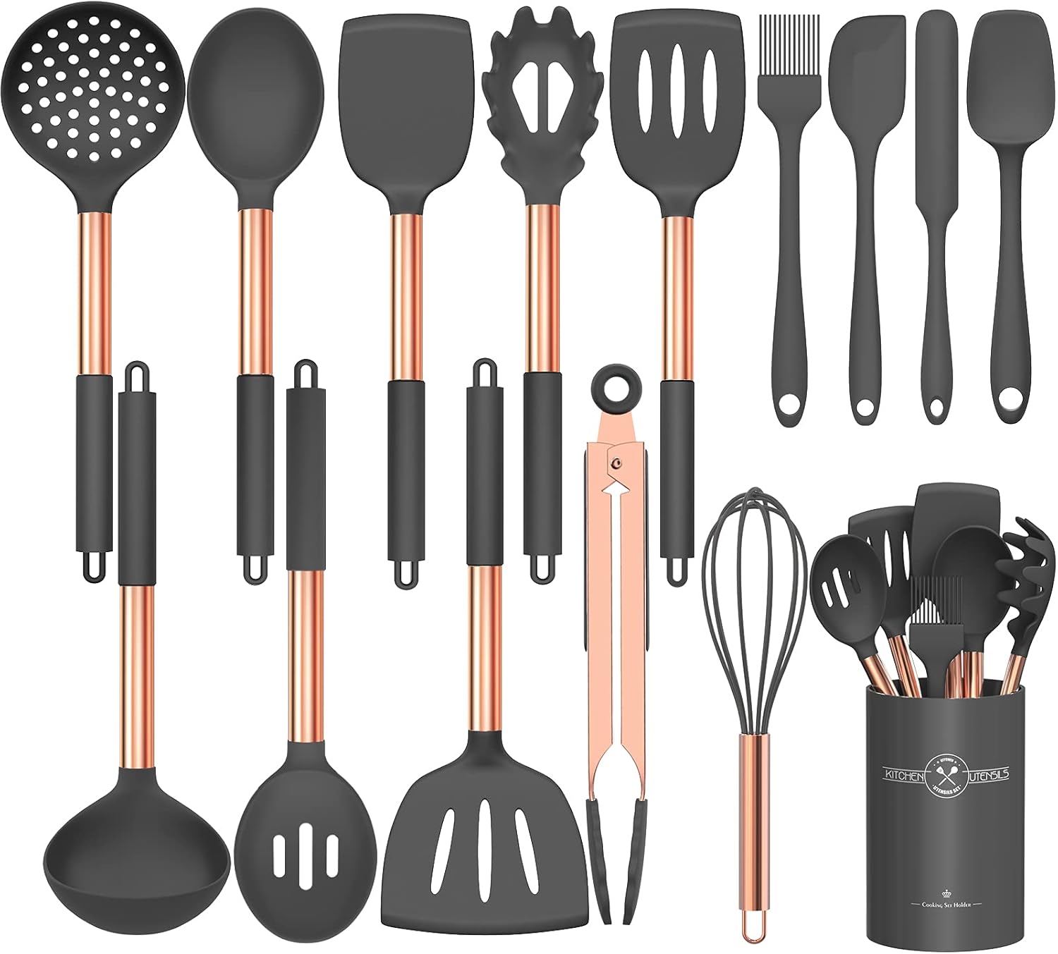 15-Piece Silicone Kitchen Utensils Set — Non-Stick, Black - Pink Gold