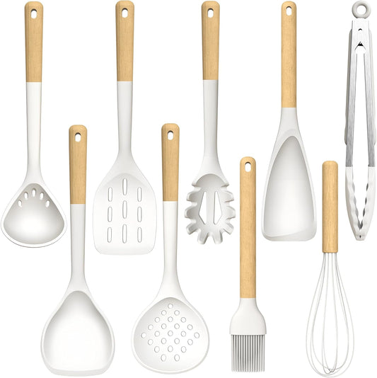 Large Silicone Cooking Utensils Set — Wooden Handles, Cream White
