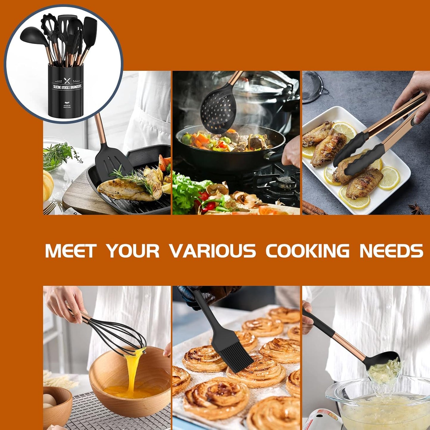 15-Piece Silicone Kitchen Utensils Set — Non-Stick, Black - Rose Gold - Image 24