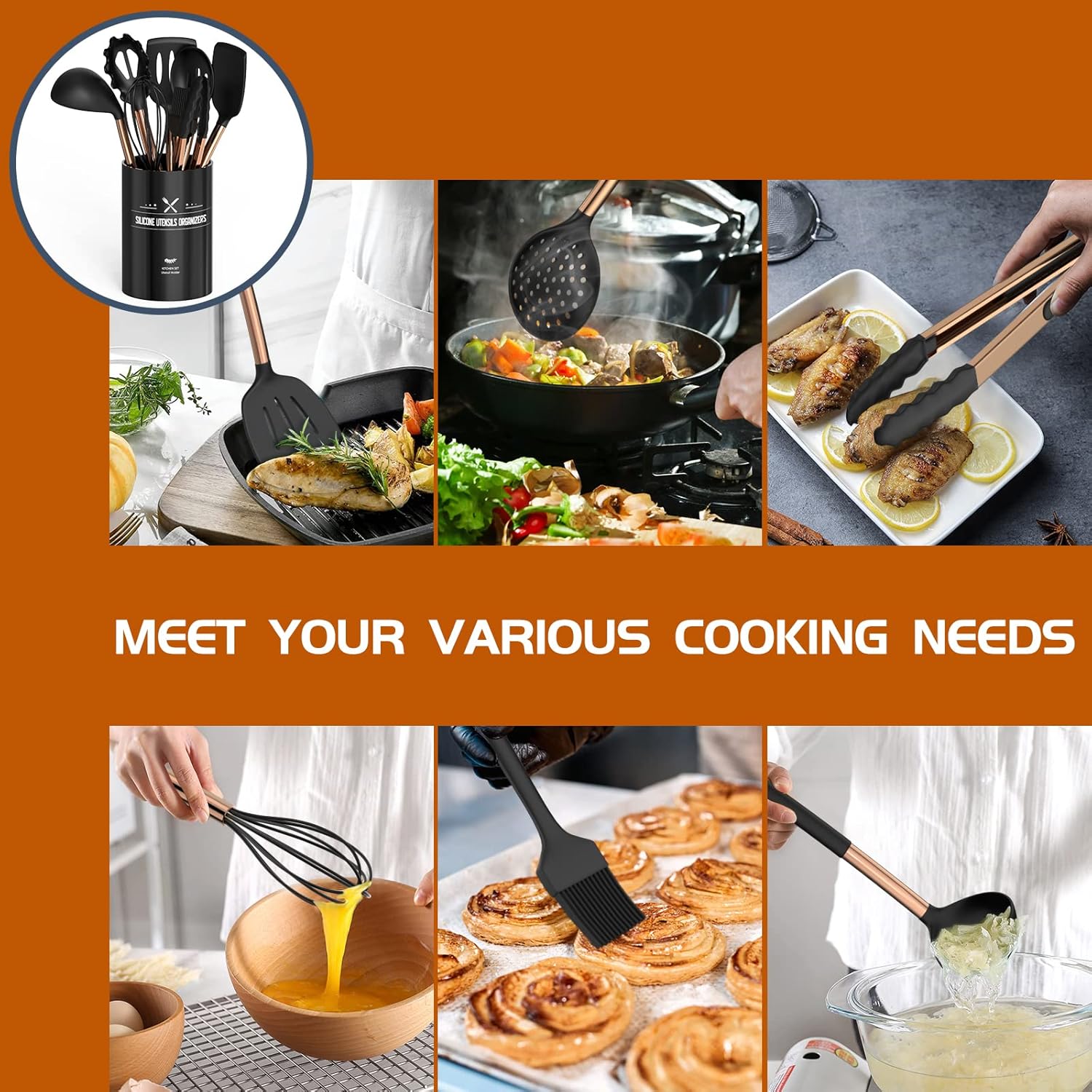 15-Piece Silicone Kitchen Utensils Set — Non-Stick, Black - Rose Gold - Image 24