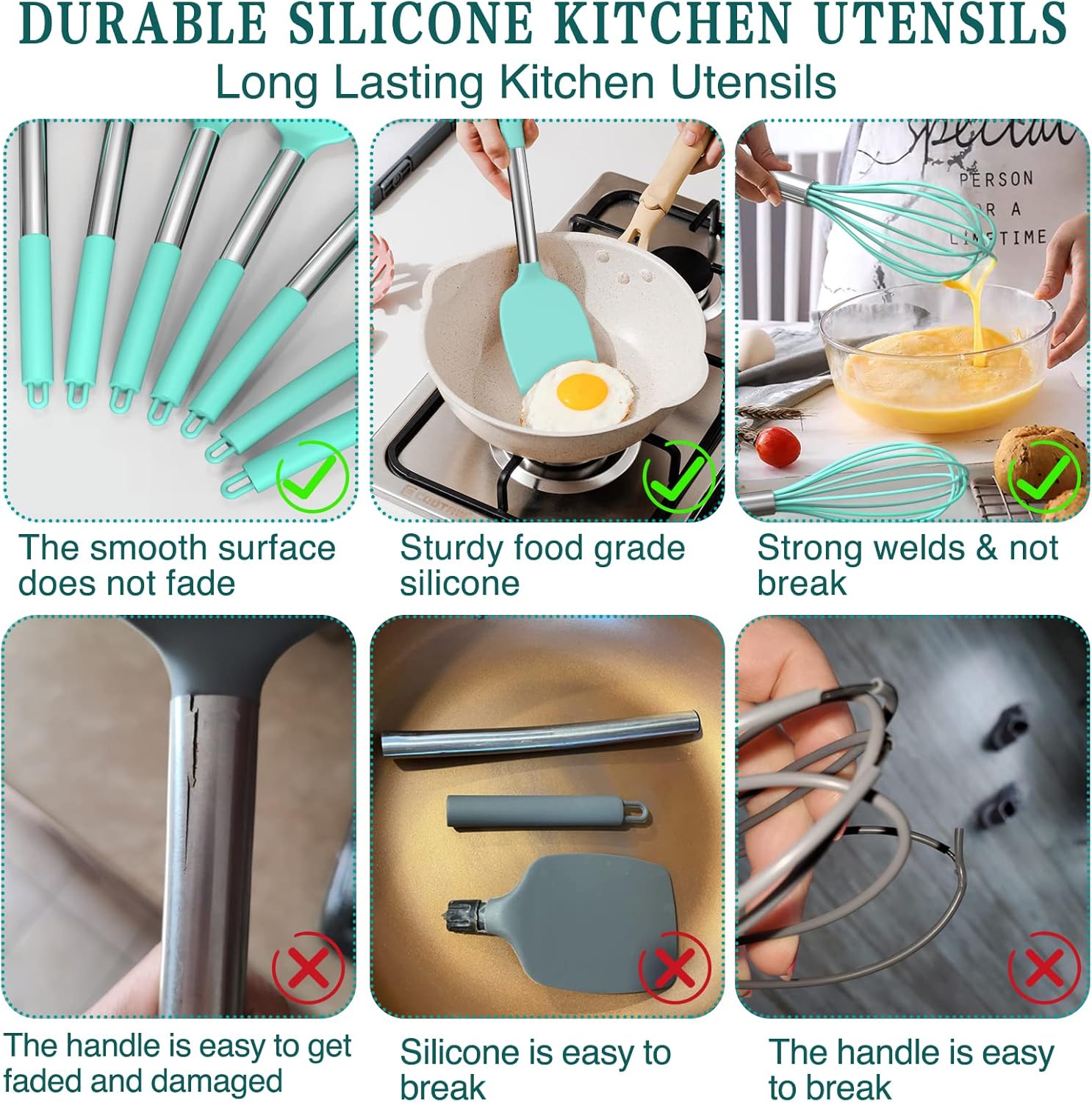 15-Piece Silicone Kitchen Utensils Set — Non-Stick, Black - Green - Image 18