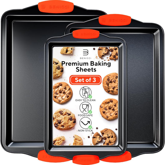 Non-Stick Baking Sheets 3-Pack with Silicone Handles