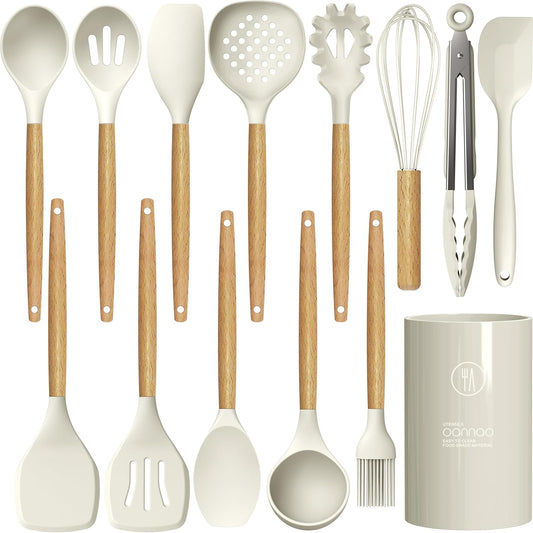 Silicone Cooking Utensils Set with Wooden Handles (14-Piece)