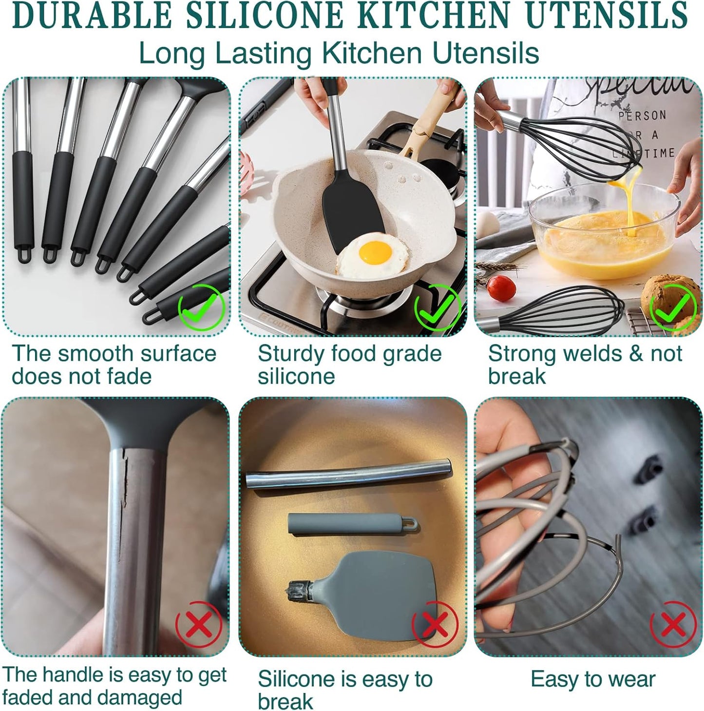 15-Piece Silicone Kitchen Utensils Set — Non-Stick, Black - Black - Image 3