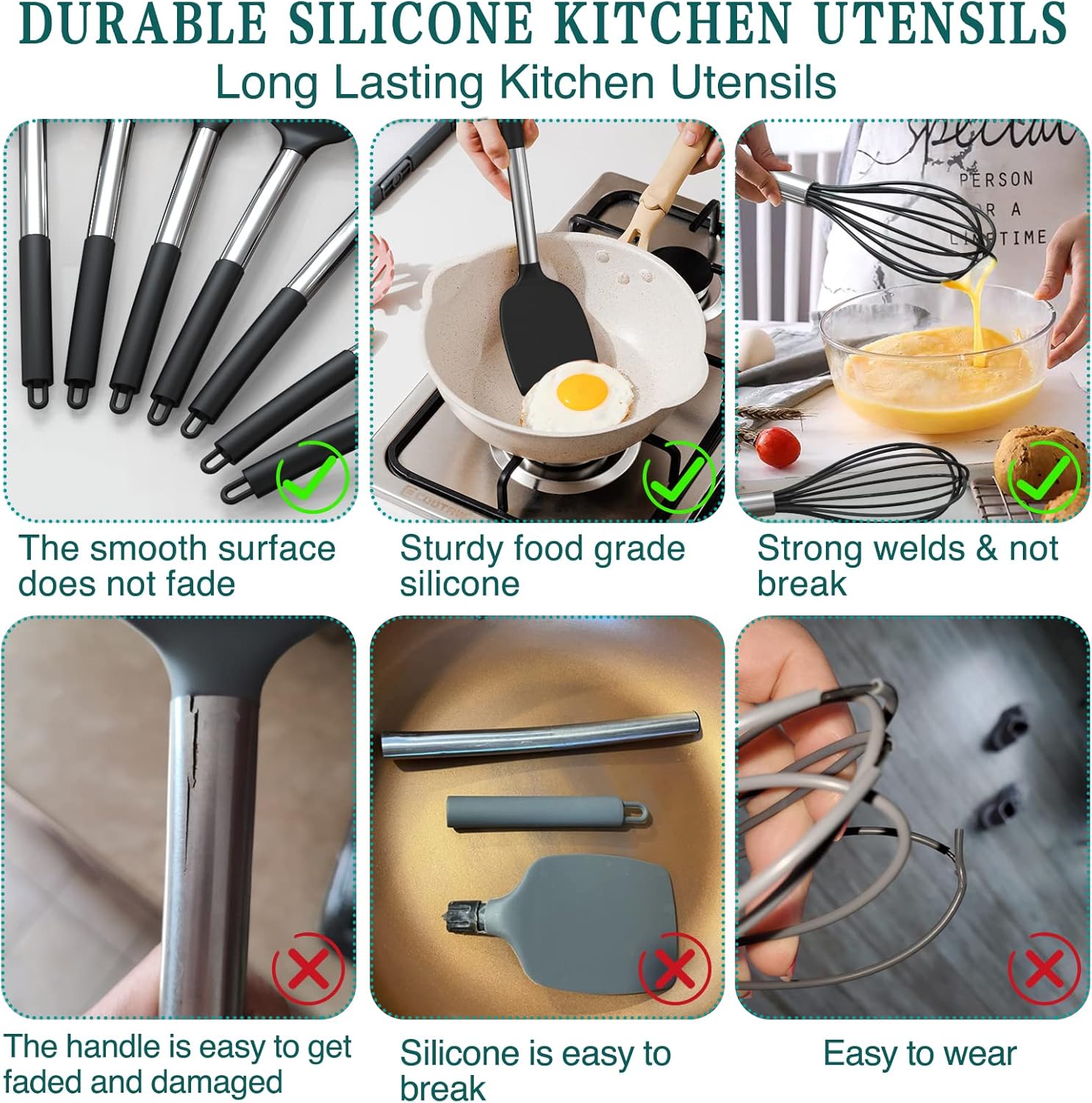 15-Piece Silicone Kitchen Utensils Set — Non-Stick, Black - Black - Image 3