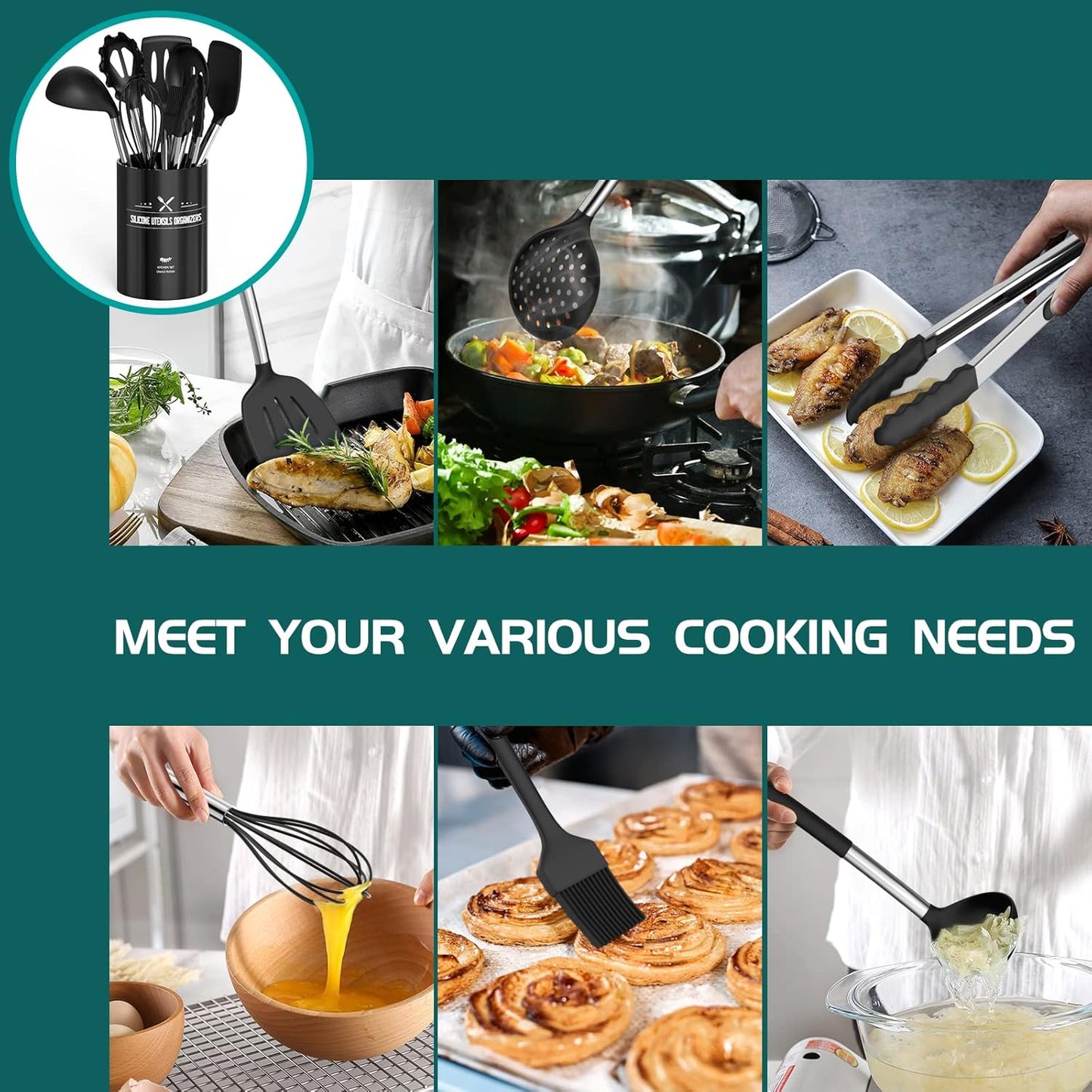 15-Piece Silicone Kitchen Utensils Set — Non-Stick, Black - Black - Image 4